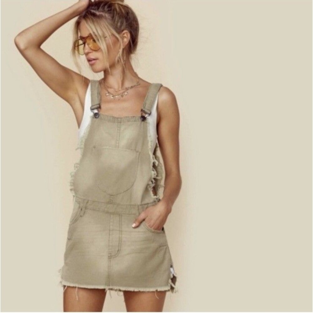 One X One Teaspoon Khaki Overall Mini Dress Sz S Jeans Denim Khaki Distressed